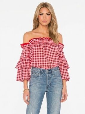 Misa Los Angeles Sabina Off-The-Shoulder Red & White Checker Gingham Top - Smal
